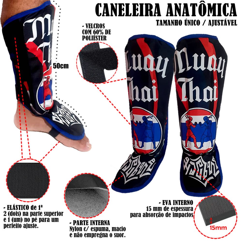 Caneleira Anatômica Muay Thai - Fred Hard - Tamanho Único - Viés Azul - Imagem 3